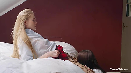 Nancy A, Leah Maus & Nelya Jorden in a schoolgirl outfit in a hottest lesbian threesome